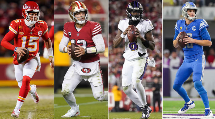 Separate photos of Patrick Mahomes, Brock Purdy, Lamar Jackson and Jared Goff holding the ball.